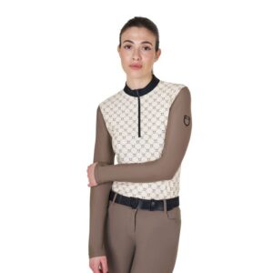 Топ Equestro Women's long-sleeved training polo Monogram Print ANTIQUE WHITE-WALNUT